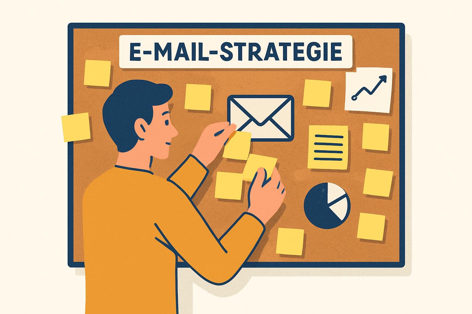 Mann plant eine E-Mail-Marketing Strategie an einer Pinnwand – flache 2D Vektorgrafik