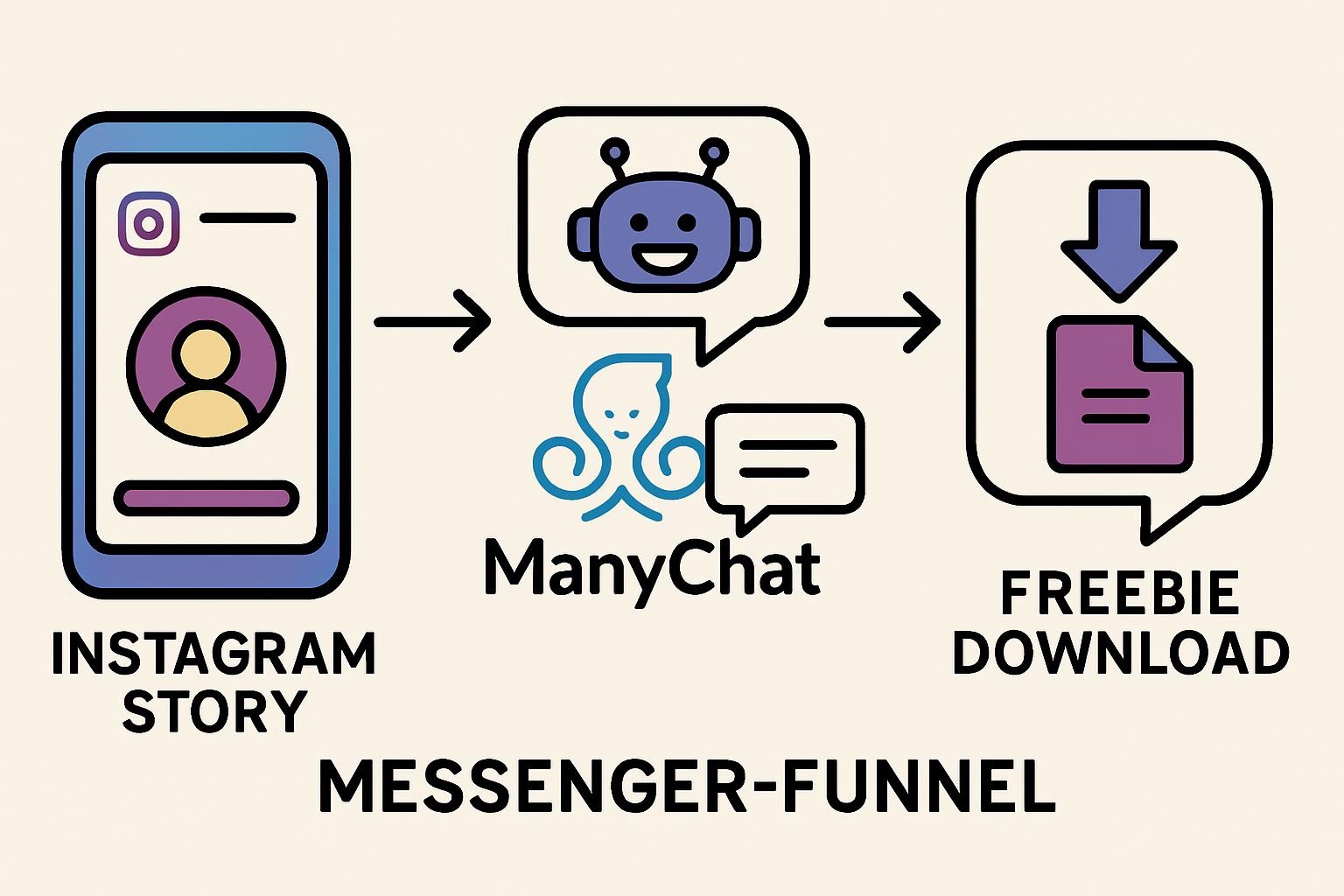Grafik eines Messenger-Funnels mit ManyChat: Von der Instagram-Story zum Freebie-Download über automatisierten Bot-Dialog.
