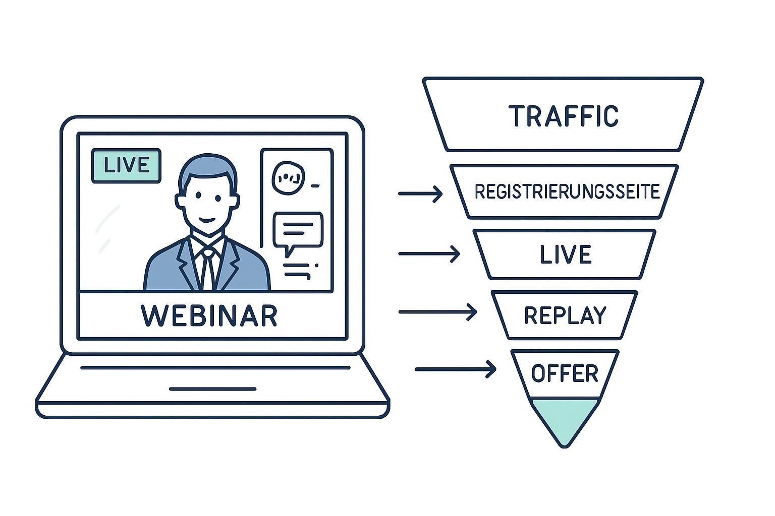 Flache 2D-Vektor-Grafik eines Online-Kongress Funnels: Traffic führt zur Registrierungsseite, weiter zur Live-Session am Laptop mit Chat, danach Replay-Angebot und Einstiegsofferte.